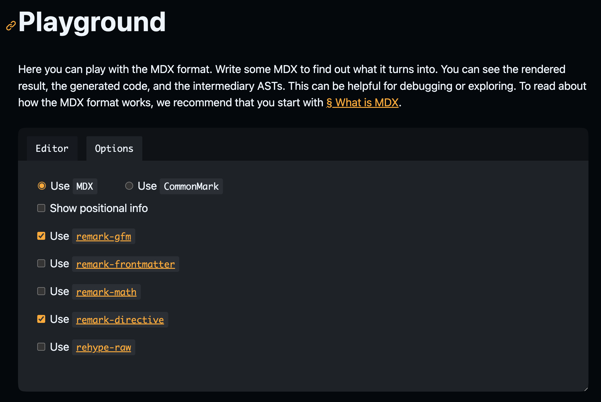 Screenshot of the MDX playground's options panel, with only the "Use `MDX`", "Use `remark-gfm`", and "Use `remark-directive`" options checked